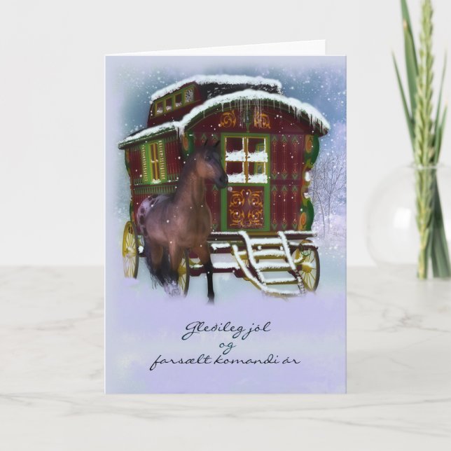 Cartão De Festividades Icelandic Christmas Card - Horse And Old Caravan - (Frente)