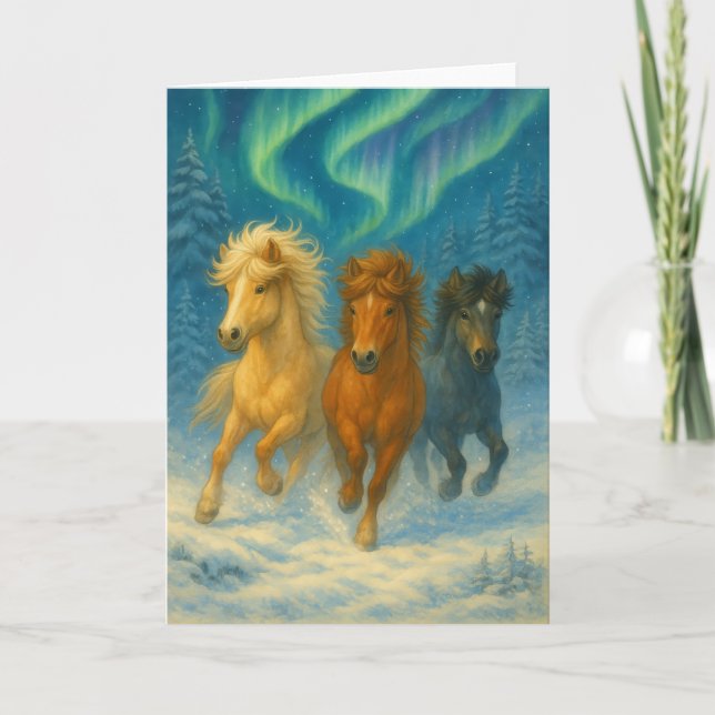 Cartão De Festividades Icelandic Horses Northern Lights Holiday Card (Frente)