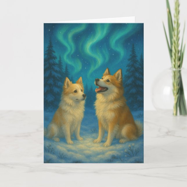 Cartão De Festividades Icelandic Sheepdog Northern Lights Holiday Card (Frente)