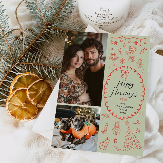 Cartão De Festividades Ícones Verdes Vermelhos Brancos Desenhados à Mão 2 (Criador carregado)