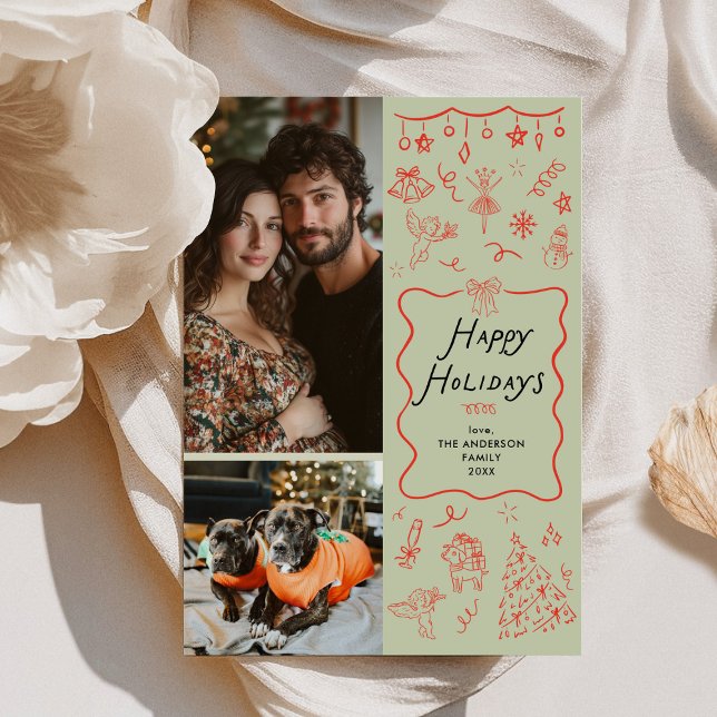 Cartão De Festividades Ícones Verdes Vermelhos Desenhados Felizes Feriado (Criador carregado)