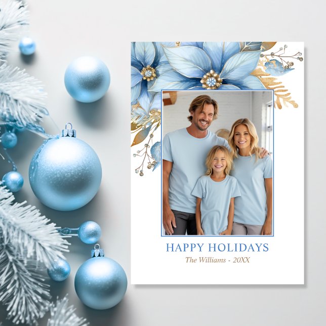 Cartão De Festividades Icy Blue Dourada Poinsettia Flower FOTO DE Natal (Icy Blue Gold Poinsettia Flower Christmas PHOTO Holiday Card)