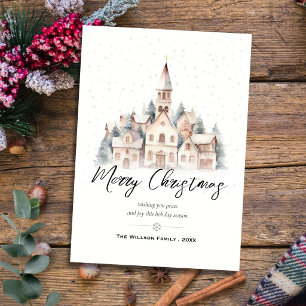 Cartão De Festividades Igreja da Aldeia de Natal Minimalista aquarela