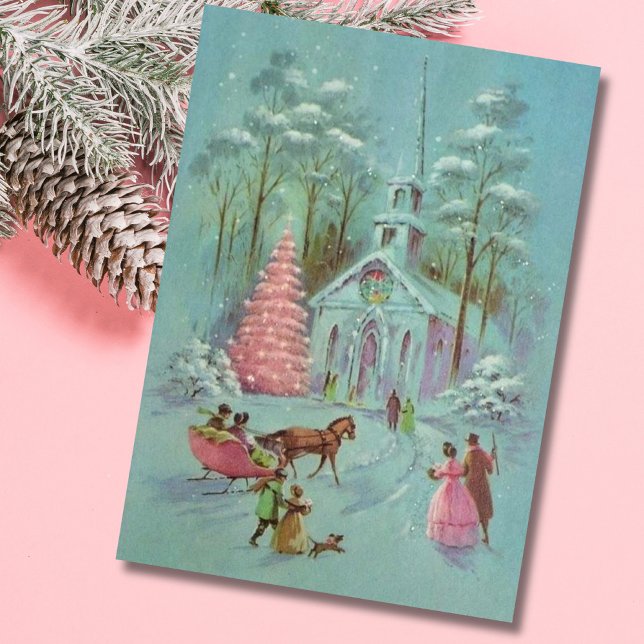 Cartão De Festividades Igreja de Natal Rosa Vintage (Criador carregado)