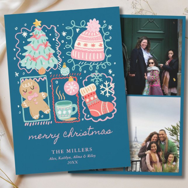 Cartão De Festividades Illustrated Doodle Blue Xmas Gingerbread 3 Photo (Illustrated Doodle Blue Xmas Gingerbread 3 Photo Holiday Card
)