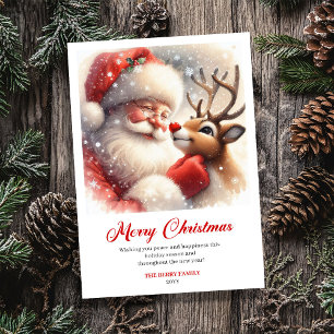 Cartão De Festividades Ilustração Clássica de Papai Noel Rudolph Saudação