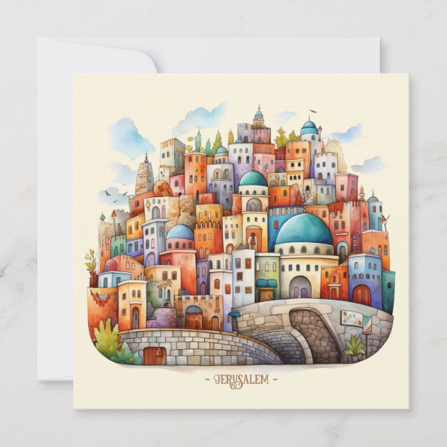 Cartão De Festividades Ilustração da paisagem urbana de Jerusalém (Frente)