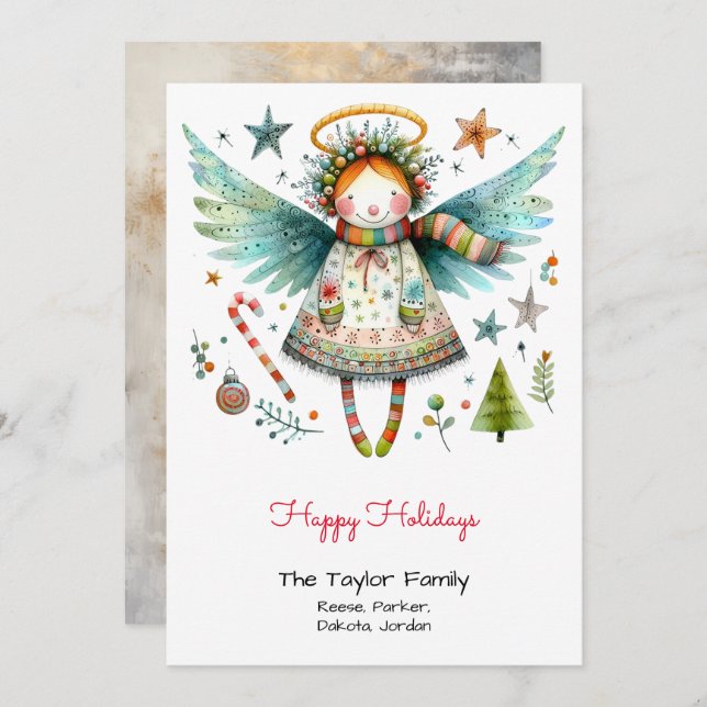 Cartão De Festividades Ilustração de Anjo Caprichoso Felizes Festas (Frente/Verso)
