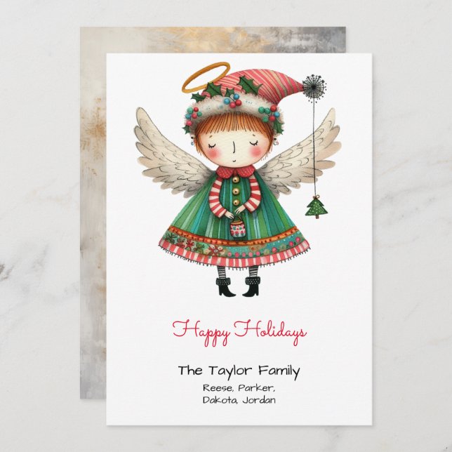 Cartão De Festividades Ilustração de Anjo Fofo Caprichoso Feliz  (Frente/Verso)