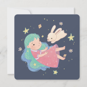 Cartão De Festividades Ilustração de Coelhinho e Rapariga da Noite Estrel