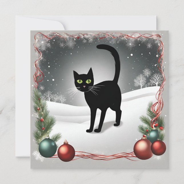 Cartão De Festividades Ilustração de Natal de Gato Preto Fofo (Frente)