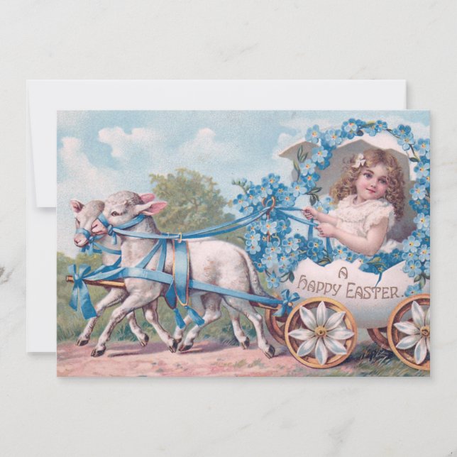 Cartão De Festividades Ilustração de Páscoa com Rapariga e Borregos (Frente)