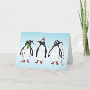 Cartão De Festividades Ilustração de Três Pinguins de Natal Festivos