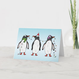 Cartão De Festividades Ilustração de Três Pinguins de Natal Festivos