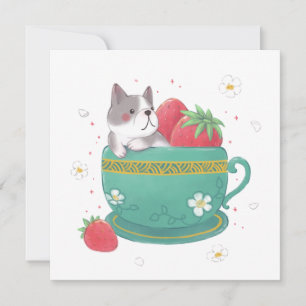 Cartão De Festividades Ilustração do Bulldog Francês, Morangos e Taça