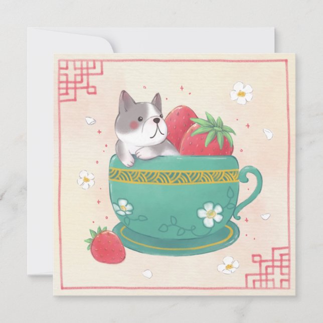 Cartão De Festividades Ilustração do Bulldog Francês, Morangos e Taça (Frente)
