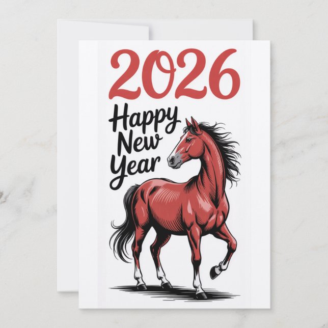 Cartão De Festividades Ilustração do Cavalo Vermelho da Placa Feliz ano n (Frente)