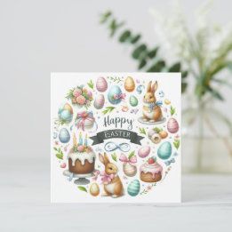 Cartão De Festividades Ilustração Floral Pastel Easter Bunny