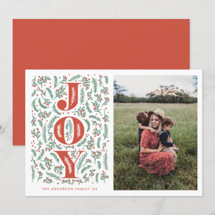 Cartão De Festividades Ilustração fotográfica botânica JOY em vermelho e 
