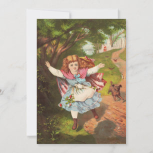 Cartão De Festividades Ilustração Litográfica Menina e Cachorro Retrô