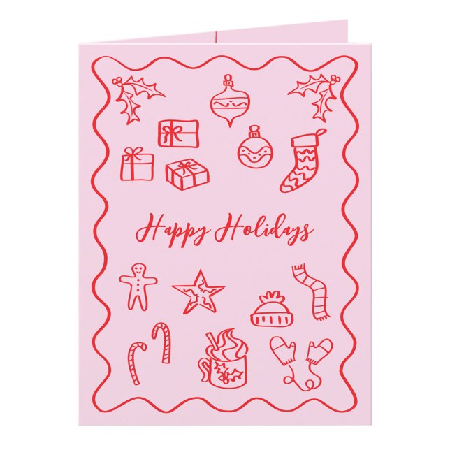 Cartão De Festividades Ilustração Moderna de Rabiscos Doodle Rosa e Verme (Pink and red hand drawn doodle custom text personalized folded Christmas holiday card)