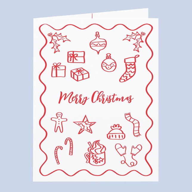 Cartão De Festividades Ilustração Moderna de Rabiscos Doodle Vermelho e B (Fun hand drawn scribble doodle red and white personalized custom text Christmas holiday card)