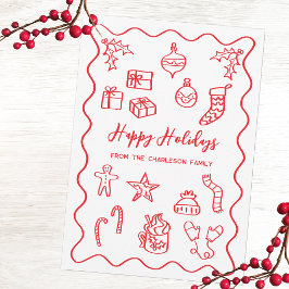 Cartão De Festividades Ilustração Moderna de Rabiscos e Doodles Vermelho