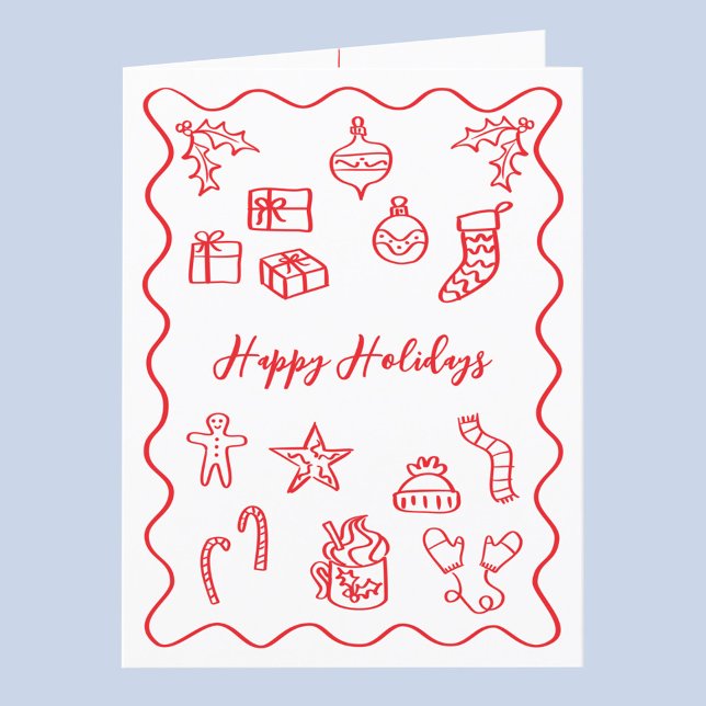 Cartão De Festividades Ilustração Moderna de Rabiscos e Garábulas Vermelh (Fun hand drawn scribble doodle red and white personalized custom text Christmas holiday card)