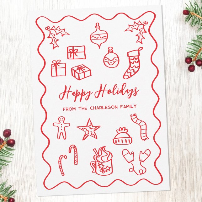 Cartão De Festividades Ilustração Moderna de Rabiscos e Garábulas Vermelh (Fun hand drawn scribble doodle red and white personalized custom text Christmas holiday card)