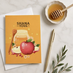 Cartão De Festividades Ilustração Moderna de Shana Tova com Maçãs e Mel