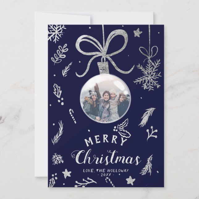 Cartão De Festividades Ilustração prateada de foto de bola de Natal moder (Frente)