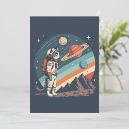 Cartão De Festividades Ilustração Retro de Astronauta Gato Cósmico no Esp