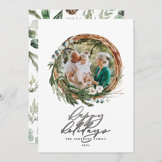 Cartão De Festividades Imagem botânica 1 fotografia Natal com script de p (Frente/Verso)