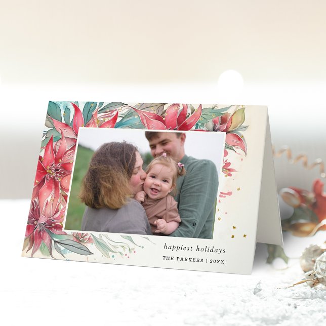 Cartão De Festividades Imagem Botânica Elegante Chic Watercolor Poinsetti (Criador carregado)