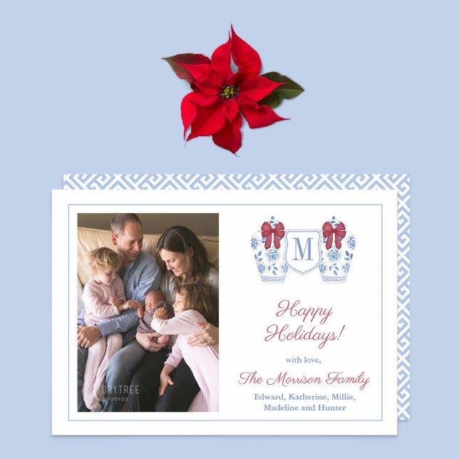 Cartão De Festividades Imagem da família de feriados felizes Ginger Jar (Preppy ginger jar with festive red bow family photo holidays card)
