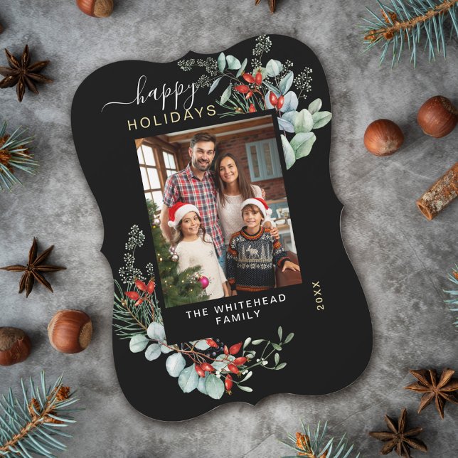 Cartão De Festividades Imagem de Feriado Feliz de Aquarela Preta (You will love these beautiful Christmas cards! They feature botanical watercolor pine and berries.)