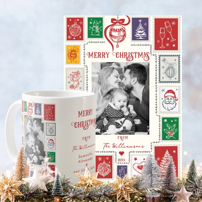 Cartão De Festividades Imagem de Natal do Carimbo Retro Whimsical (Whimsical Retro Stamp Christmas Illustration Photo Holiday Card & Coffee Mug Great 1st Chrismas Gift)