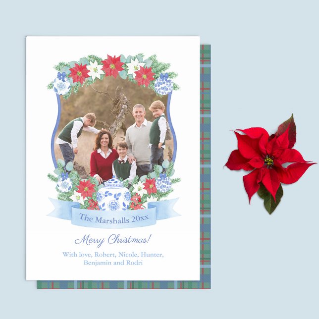 Cartão De Festividades Imagem de Quadro Botânico Feliz Natal (Botanical Photo Frame in blue white and red holidays card with tartan reverse)