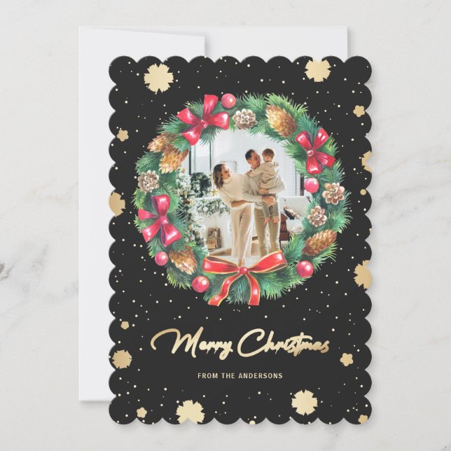 Cartão De Festividades Imagem Dourada de Flocos de Neve Preto Elegante (Frente)