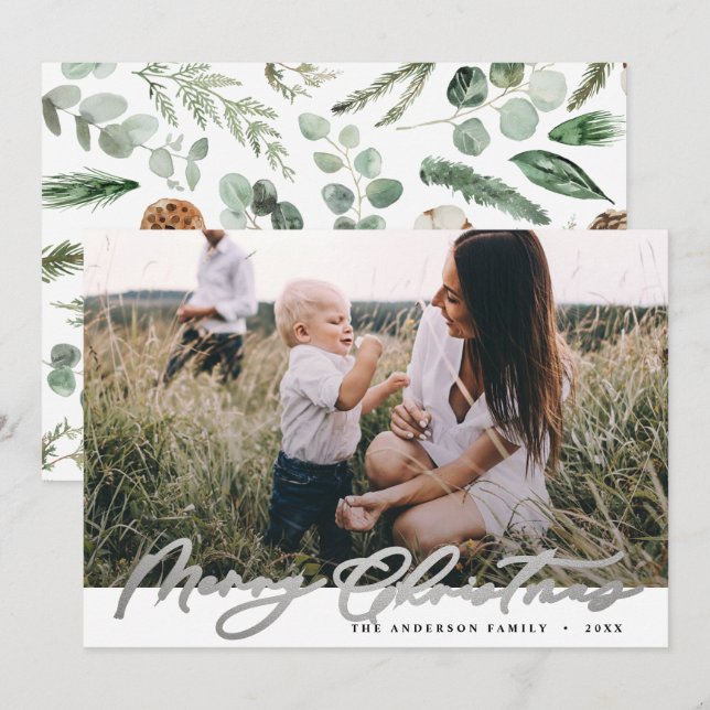 Cartão De Festividades Imagem moderna do Natal elegante, escritura pratea (Frente/Verso)