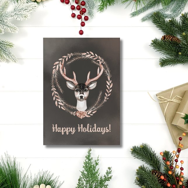 Cartão De Festividades Imagem Moderna e Elegante de Aquarela Não Fotográf (Elegant Modern Watercolor Deer Christmas Card)