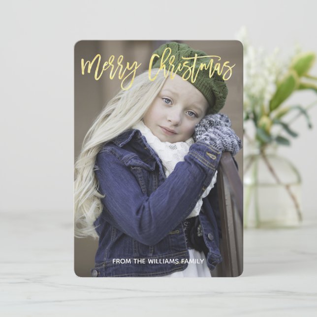 Cartão De Festividades Imagem Personalizada de Feliz Natal do Script Dour (Em pé/Frente)