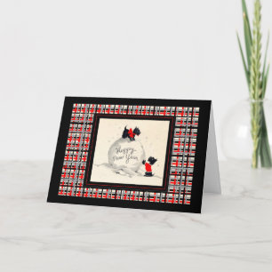 Cartão De Festividades Imagem vintage de cachorro Scottie feliz ano novo