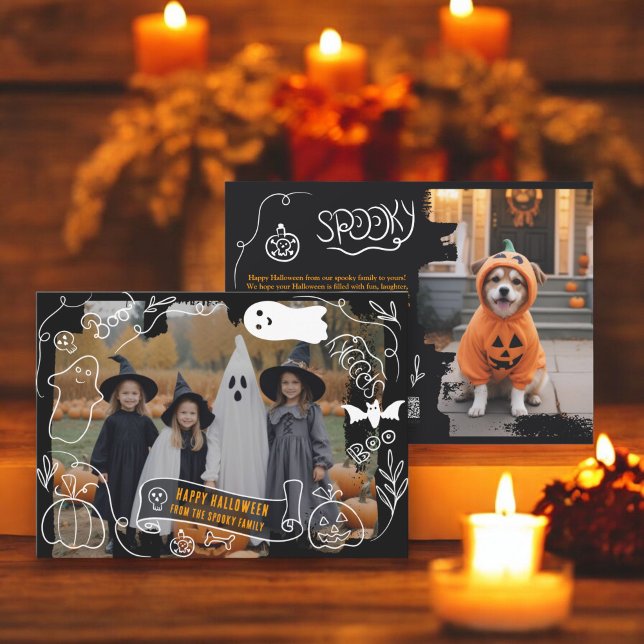 Cartão De Festividades Imagens de Feliz Dia das Bruxas Felizes e Bonitas  (Cute Spooky Happy Halloween illustrations 2 photos Holiday Card)