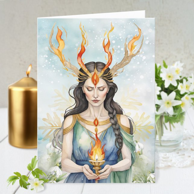 Cartão De Festividades Imbolc Wiccan Goddese Flame & Ouro Floco de Neve (Imbolc Wiccan Goddess Flame & Golden Snowflake Holiday Card)