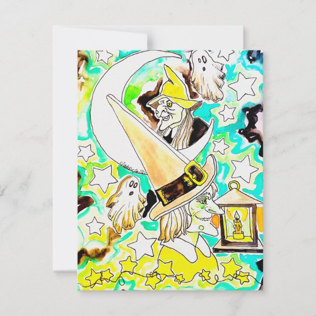 Cartão De Festividades Impressão de arte de bruxa divertida de Halloween (Frente)