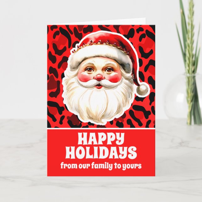 Cartão De Festividades Impressão de leopardo vermelho Retro Papai Noel Na (Frente)