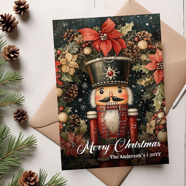 Cartão De Festividades Impressão de quebra-nozes natalino nostálgico tren (Trendy nostalgic Christmas nutcracker printable Holiday Card)