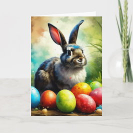 Cartão De Festividades Impressionismo Cinza e coelho branco da Páscoa
