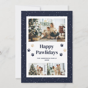 Cartão De Festividades Impressões de patas azuis fofas Foto de neve Feliz